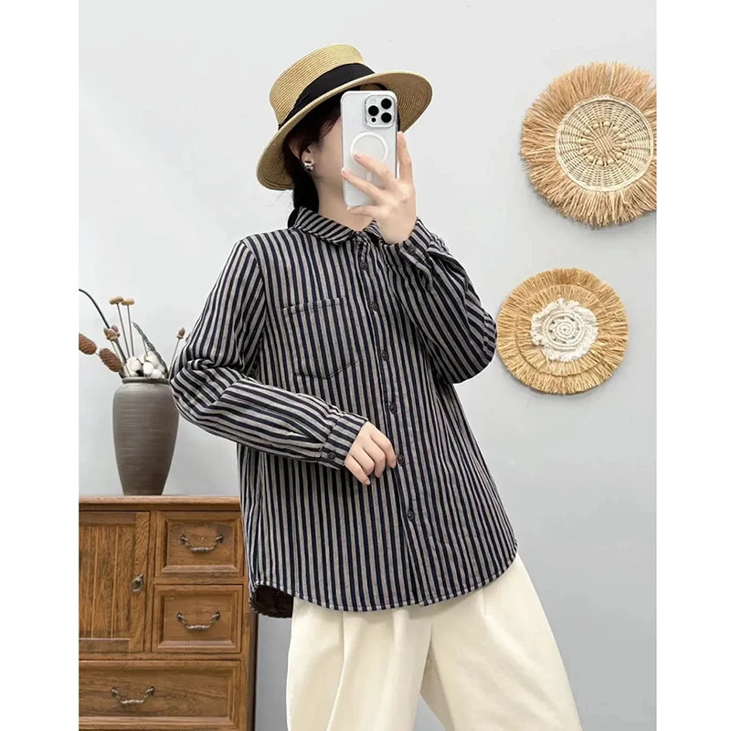 冬季新款复古条纹夹棉长袖衬衫女宽松保暖休闲方领衬衣外套上衣女