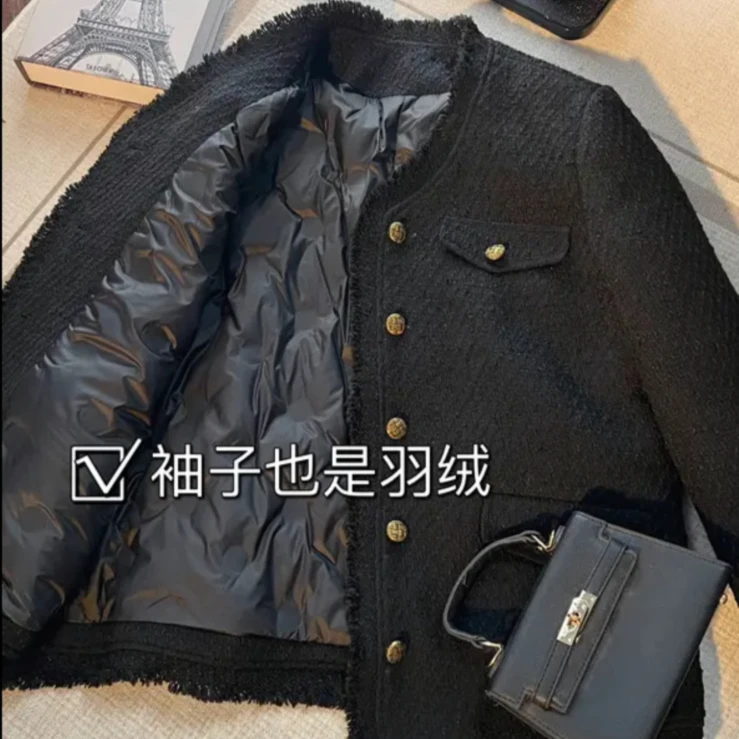 2024加绒大码冬装新款复古高级感显瘦小香风粗花呢鸭绒中长厚外套