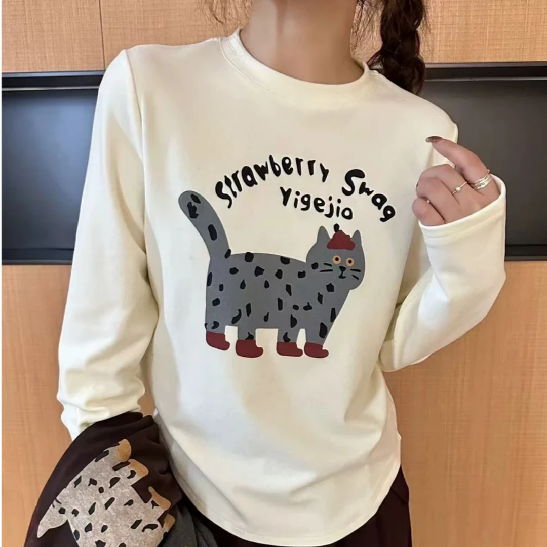 加厚加绒卡通猫咪印花长袖T恤2024新款冬季百搭显瘦保暖打底衫潮