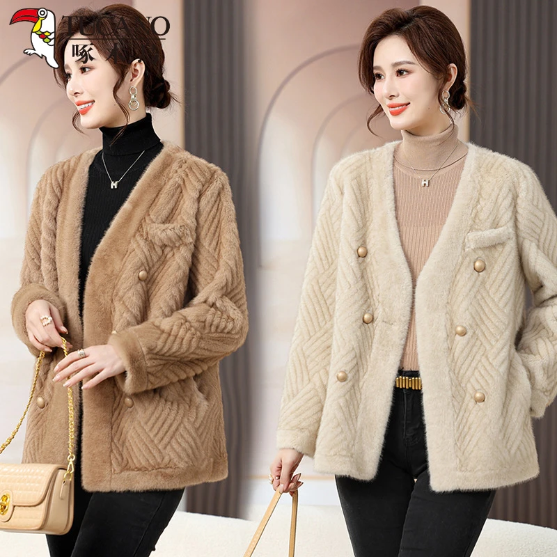 啄木鸟中年女秋冬装新款时尚仿仿貂绒外套短款大码洋气妈妈装皮毛