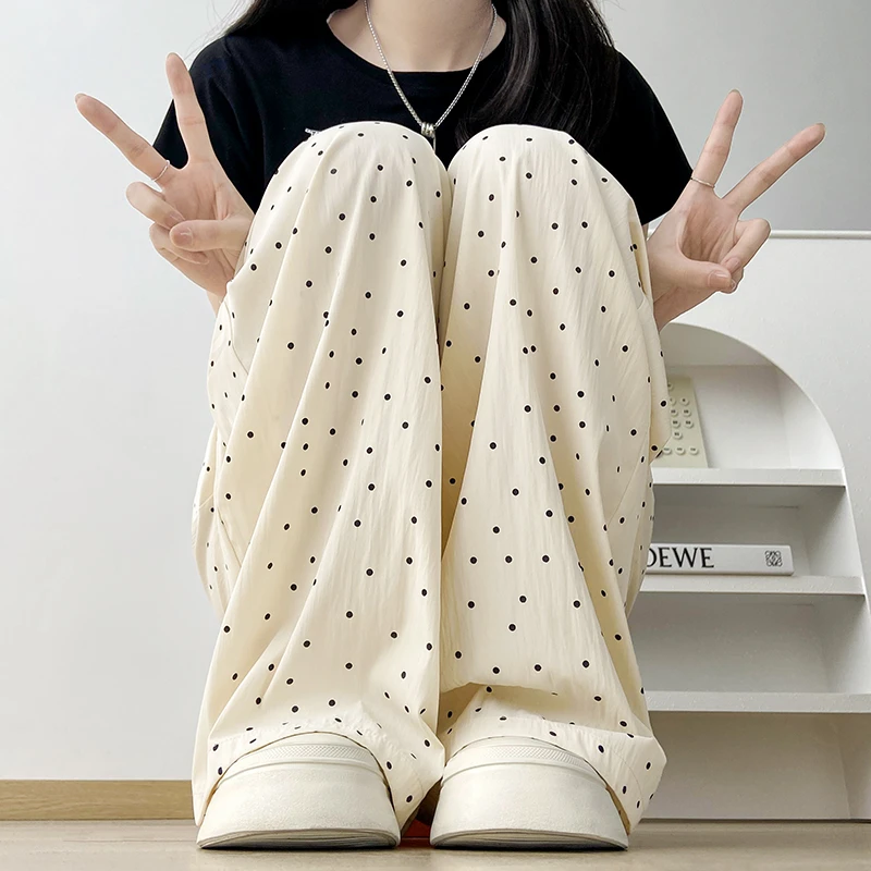 波点印花垂感山本裤女2024夏季薄款高腰瘦版阔腿裤休闲直筒拖地裤