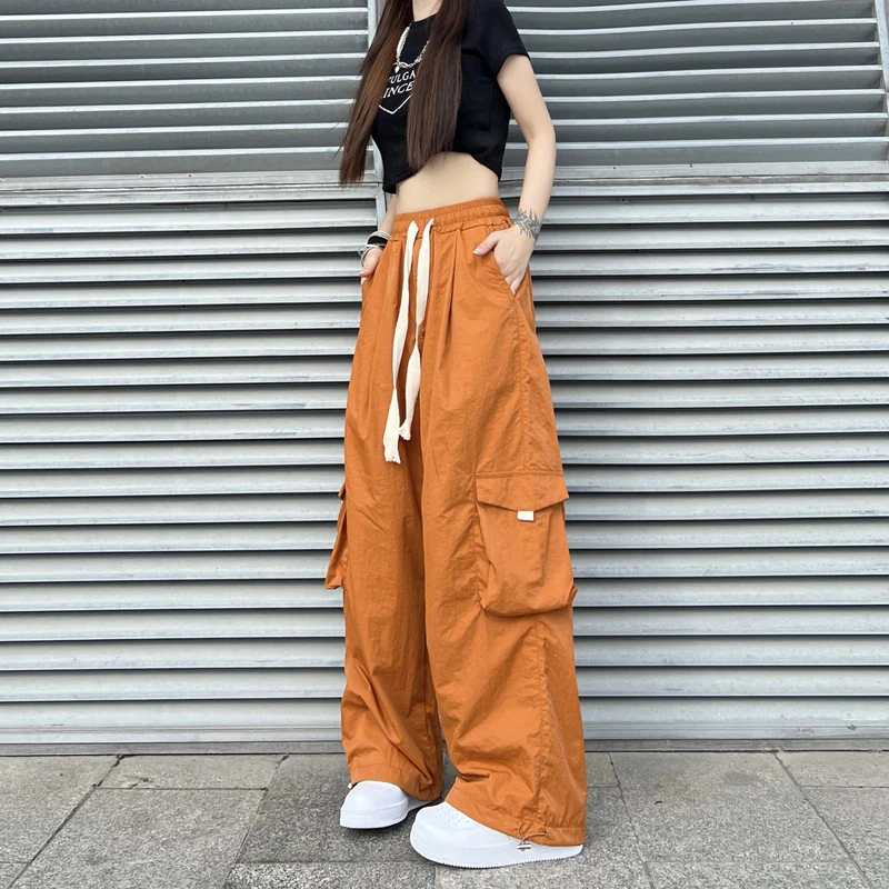 美式工装女新款宽松抽绳直筒阔腿多口袋休闲运动工装裤夏季