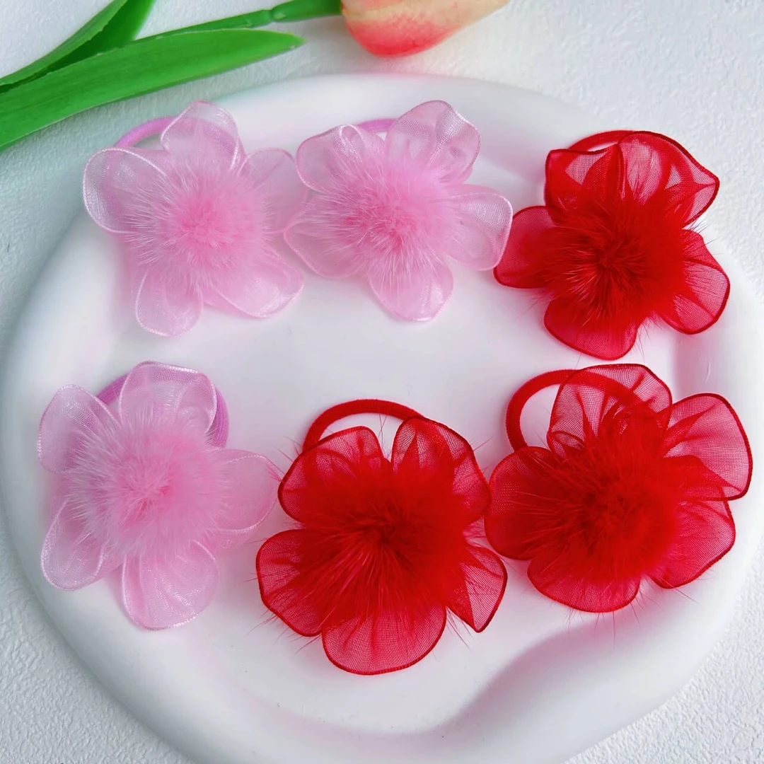 秋冬儿童女童水毛毛头饰小女孩扎头红色发头花宝宝发圈加粗高弹力