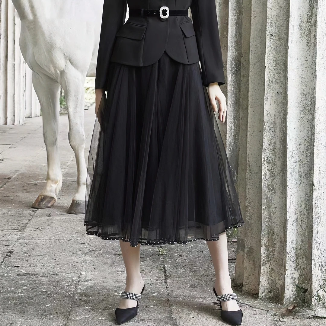 定制高端珠链装饰纱裙2024新款飘逸高腰网纱半身裙a字气质女百搭