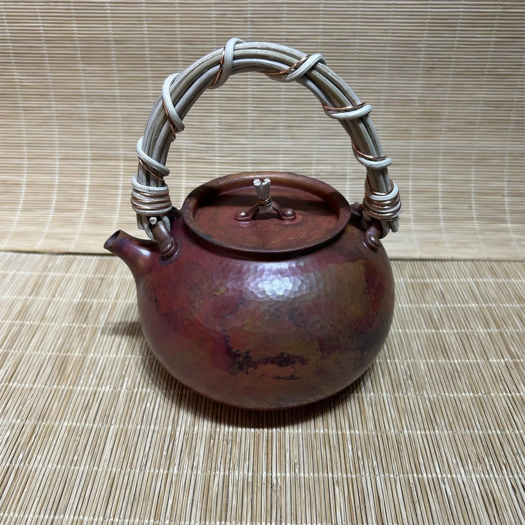 B紫铜蛋型一张打手工锤纹火烧云哑光烤色藤蔓提梁煮茶壶烧水壶