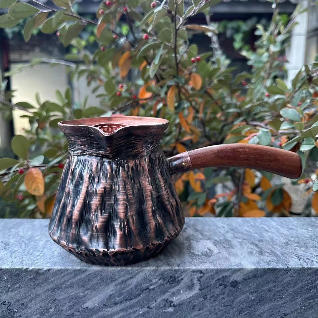 800cc紫铜侧把煮茶壶 马蹄型 公道壶 烤茶焙茶壶 手工复古陨石坑