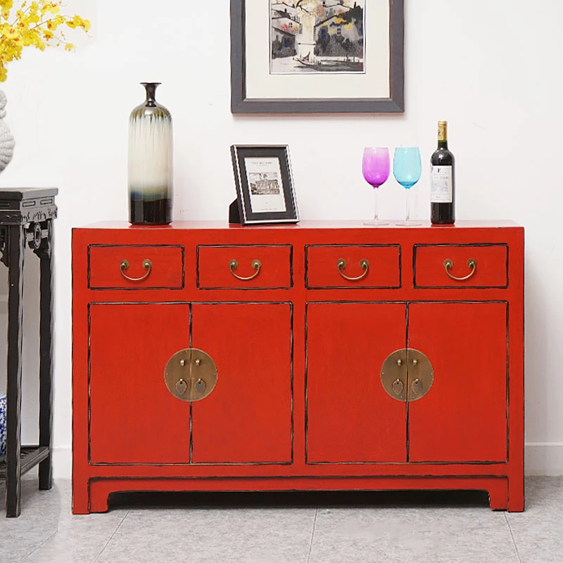 中式实木红色餐边柜玄关隔断柜门厅储物收纳纯色备餐柜鞋柜可定制