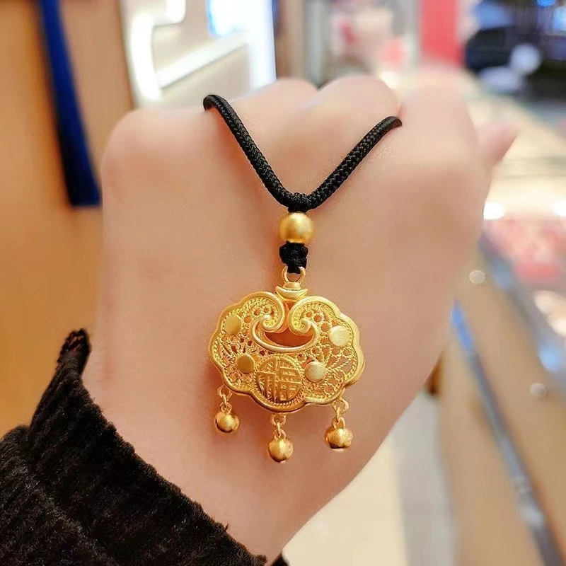 吊坠足银 【高定】新款古法镂空锁手工宝锁吊坠镂空花丝福字平安锁