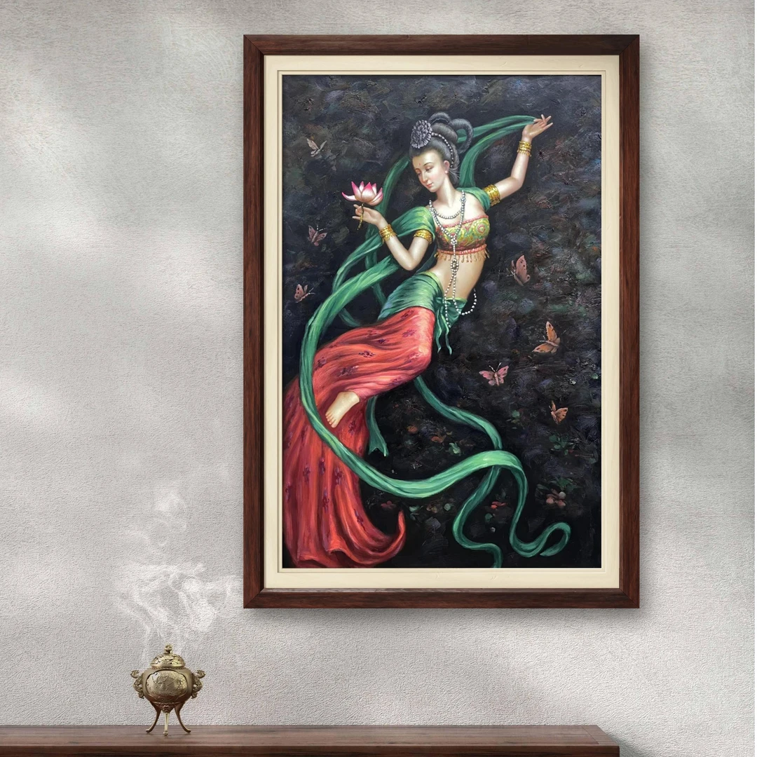 敦煌飞天原创油画纯手工手绘人物禅意茶室装饰画绘画艺术现货装裱