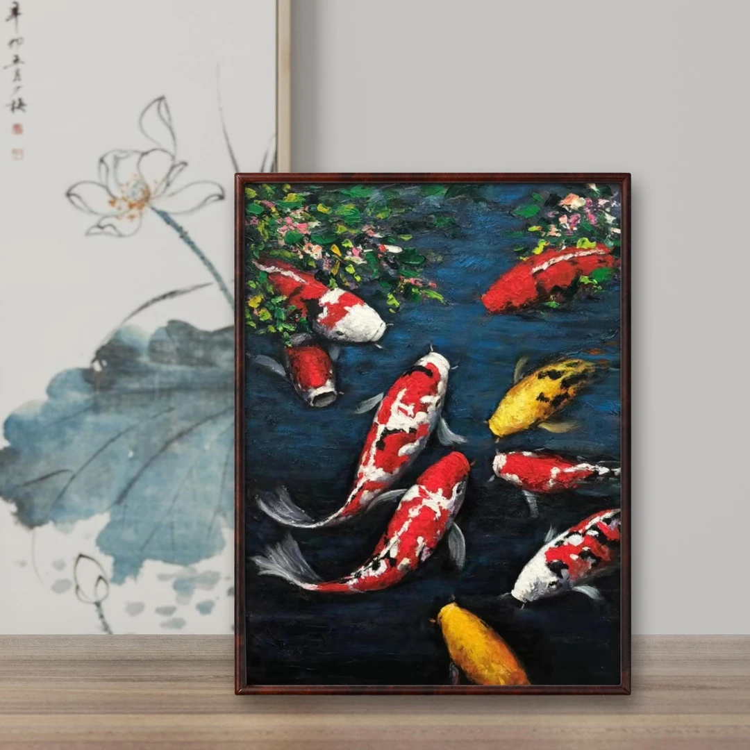 【张俊龙】年年有余肌理版画油画九鲤图装饰画桌面装饰挂画33*43CM。