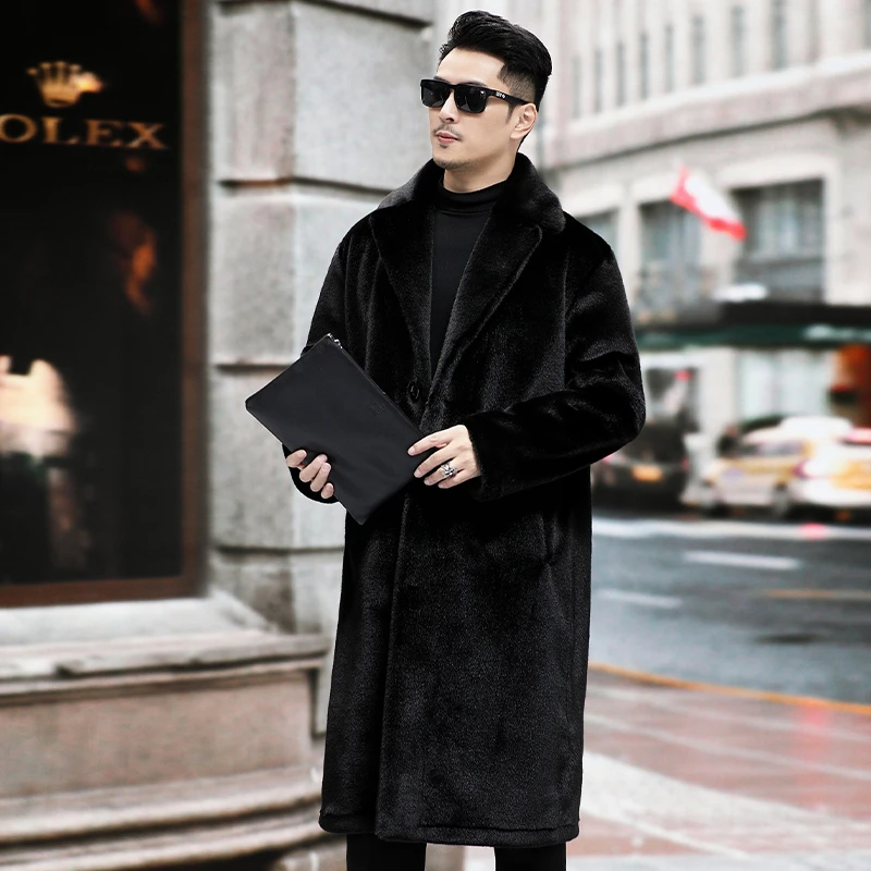 海宁冬季渔貂新款皮毛一体加厚长款防风大衣水貂绒休闲保暖外套男