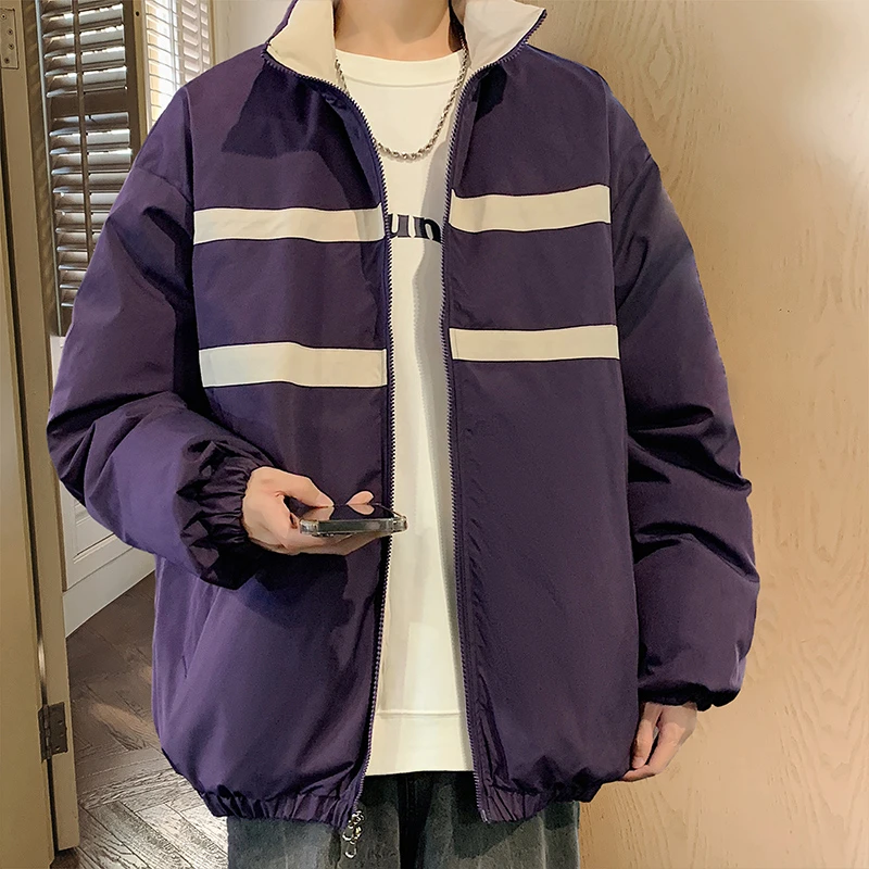 双面穿条纹立领大码棉服男士冬季加厚韩版潮流青少年棉衣外套情侣