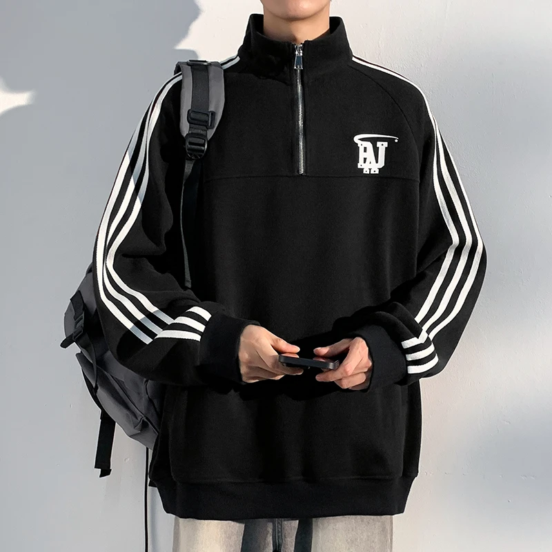 霄桂姿秋季新款重磅卫衣男潮牌时尚条纹宽松长袖半拉链翻领外套