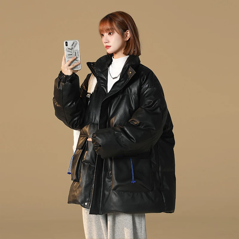 男女同款PU皮棉衣情侣装宽松立领棉服外套冬季加厚保暖棉袄子韩版