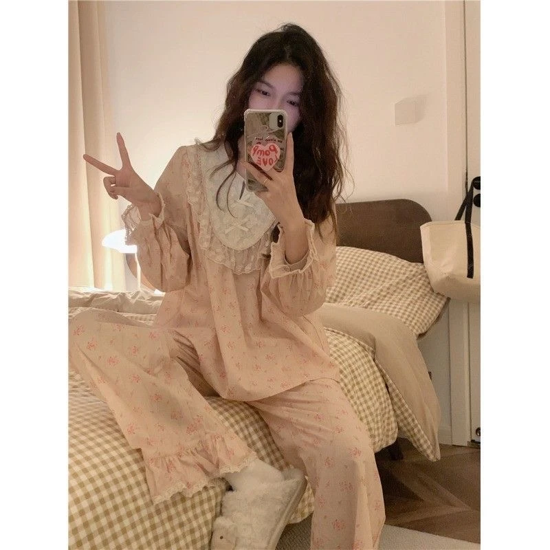 春秋季甜美公主风睡衣女粉色碎花蕾丝花边长袖蝴蝶结家居服套装
