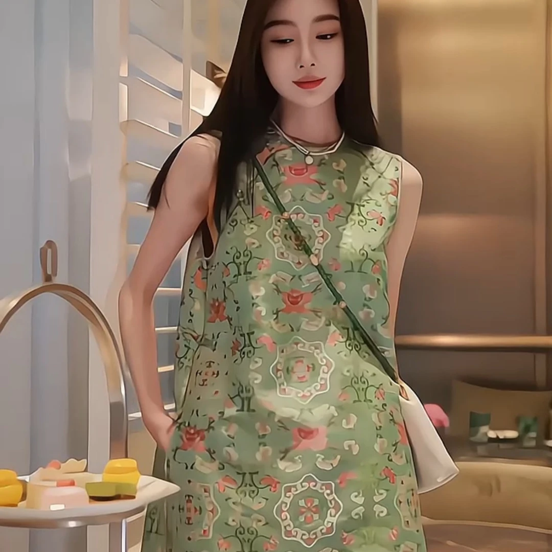 2025夏季新款中国风女装绿色连衣裙新中式国风印花无袖马甲裙子