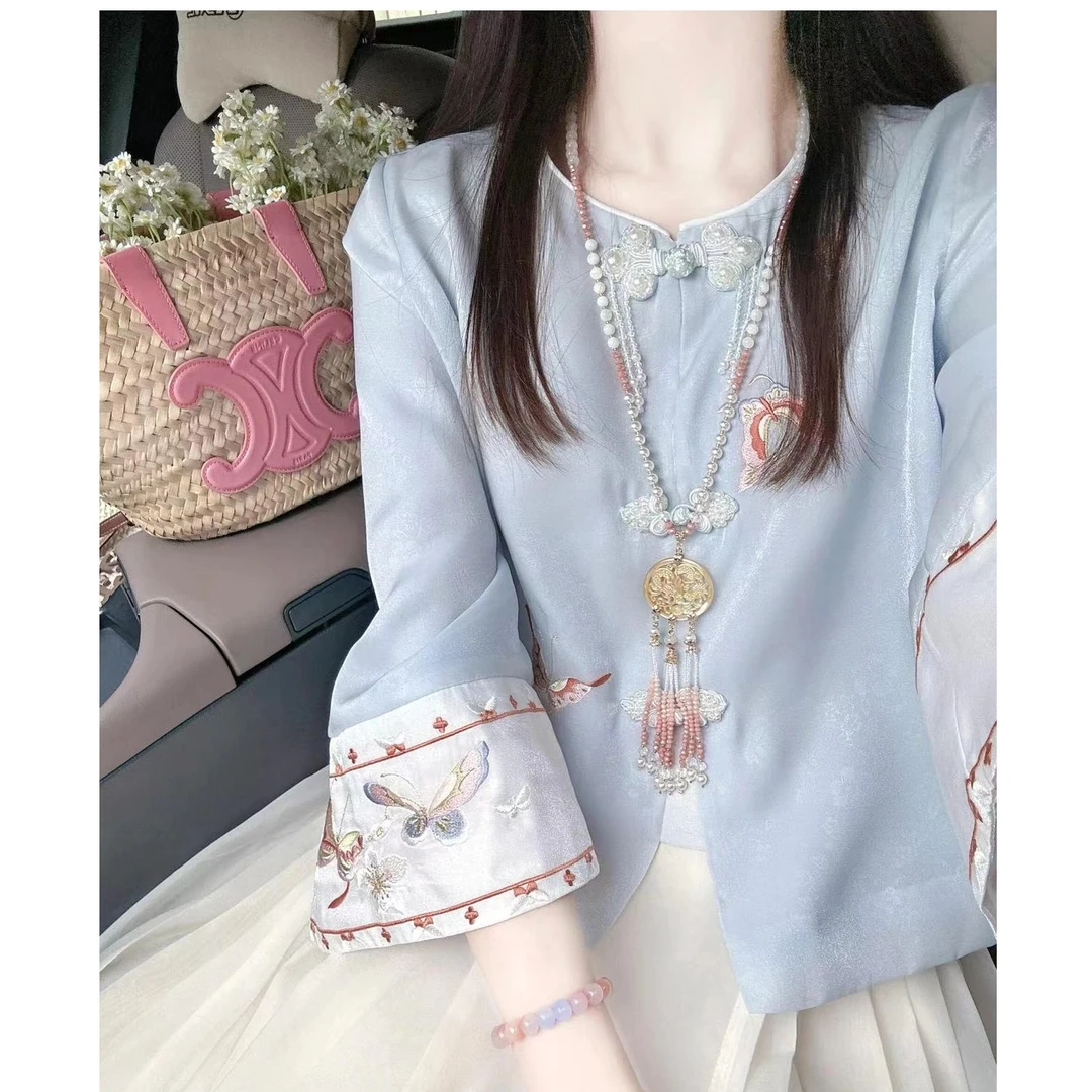 新中式国风蓝色衬衫女装夏季2024新款气质衬衣宽松复古绣花小上衣