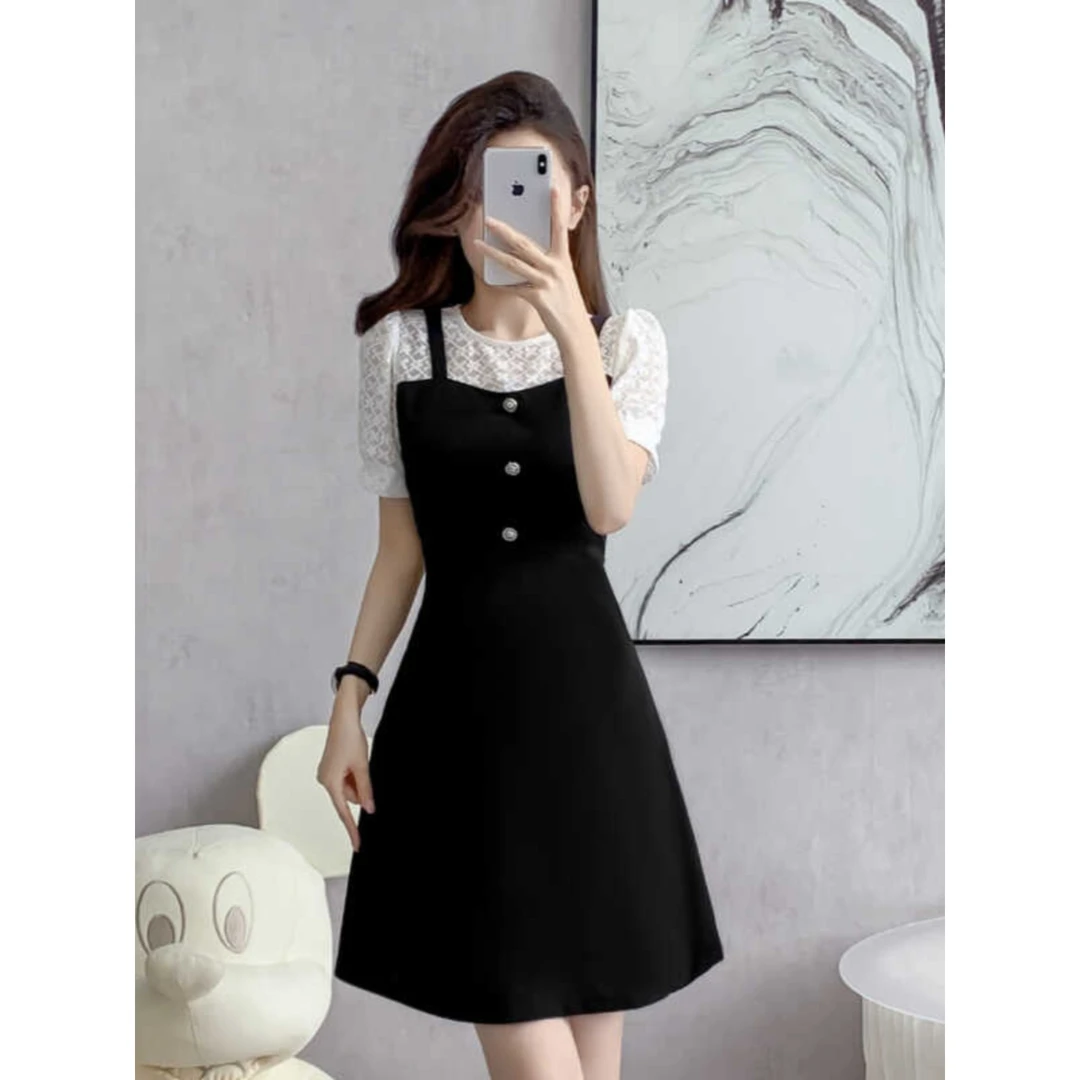 假两件连衣裙夏装女2025新款女装小个子显高气质蕾丝短袖小黑裙夏