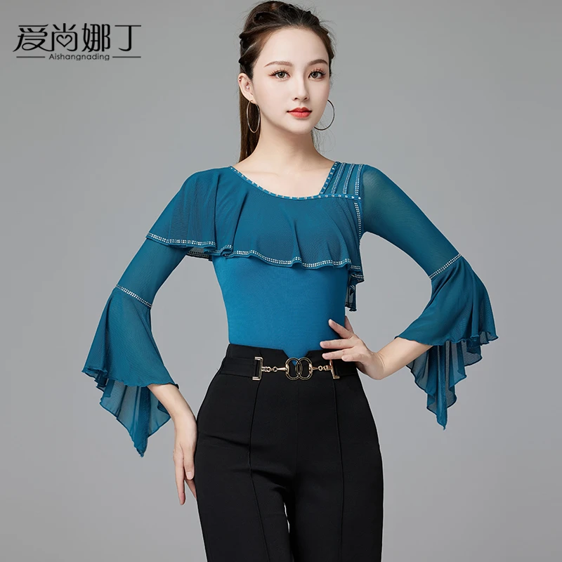 国标舞上衣女2025新款摩登华尔兹交谊拉丁跳舞蹈连体烫钻练功服装