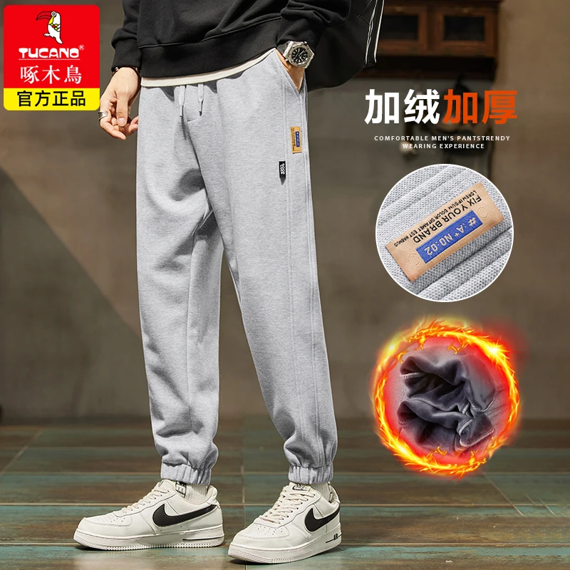 啄木鸟2024秋冬美式加绒卫裤男加绒加厚潮流百搭舒适束脚运动长裤