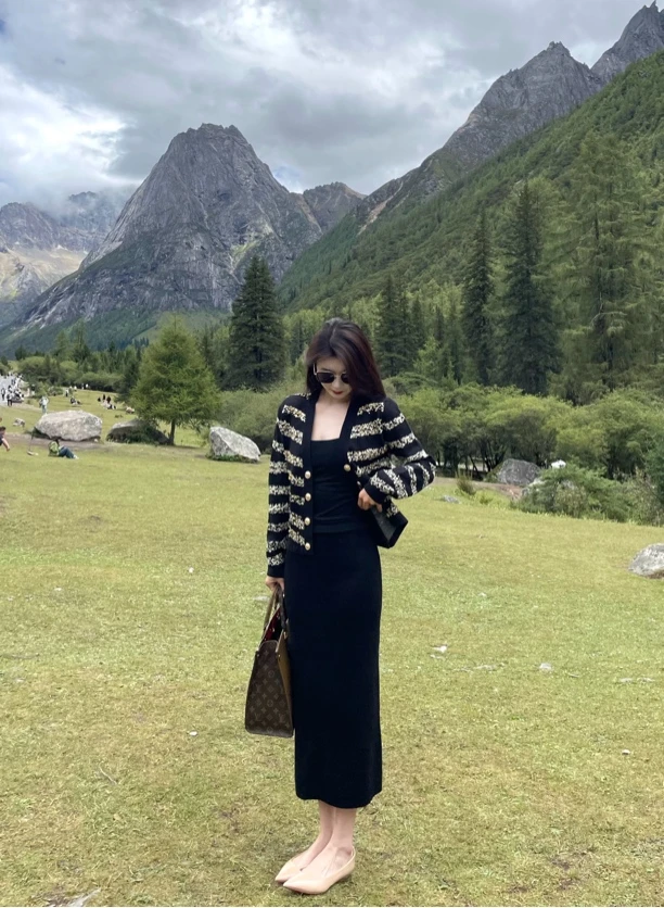 黑色针织高腰气质百搭直筒过膝半身裙时尚长款修身名媛拼接秋冬