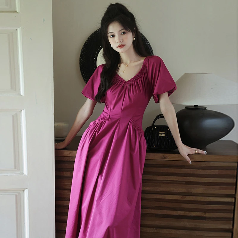 心形领泡泡袖显白长裙高腰显瘦度假连衣裙6947