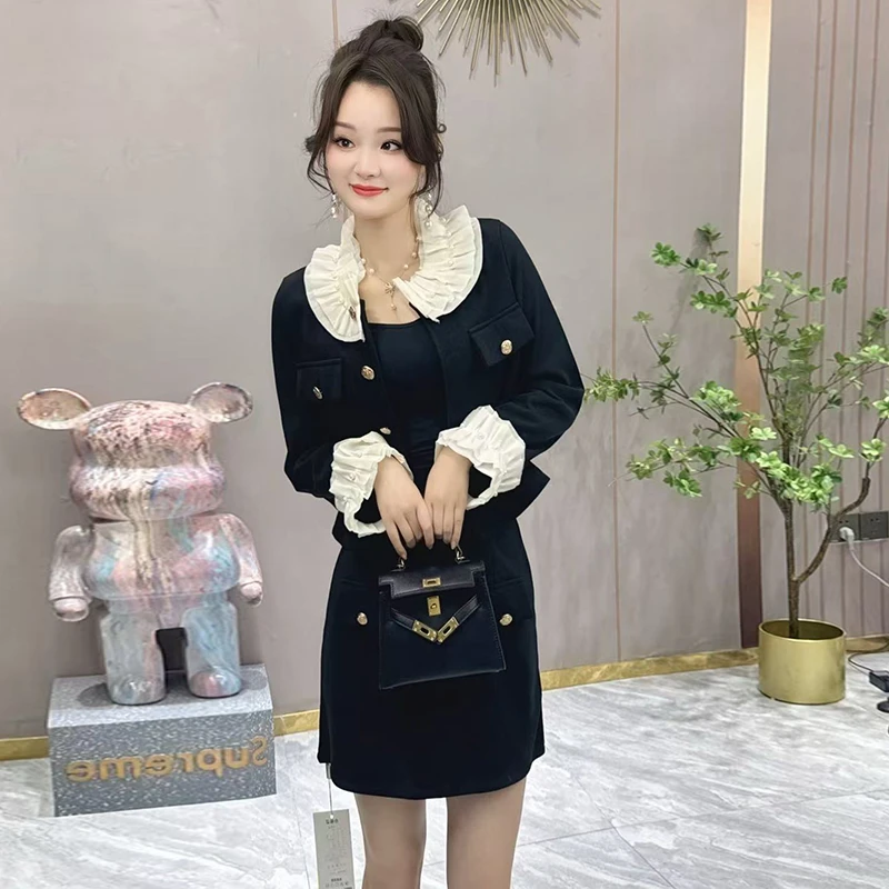 【胜佳】【加绒加厚】【两件套】赫本风小香风高级拼接木耳边高腰6440