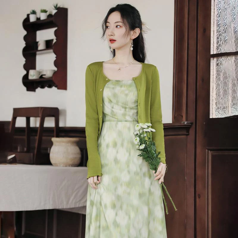 【两件套】法式绿色碎花连衣裙女夏2025新款超仙森系温柔风吊带1138