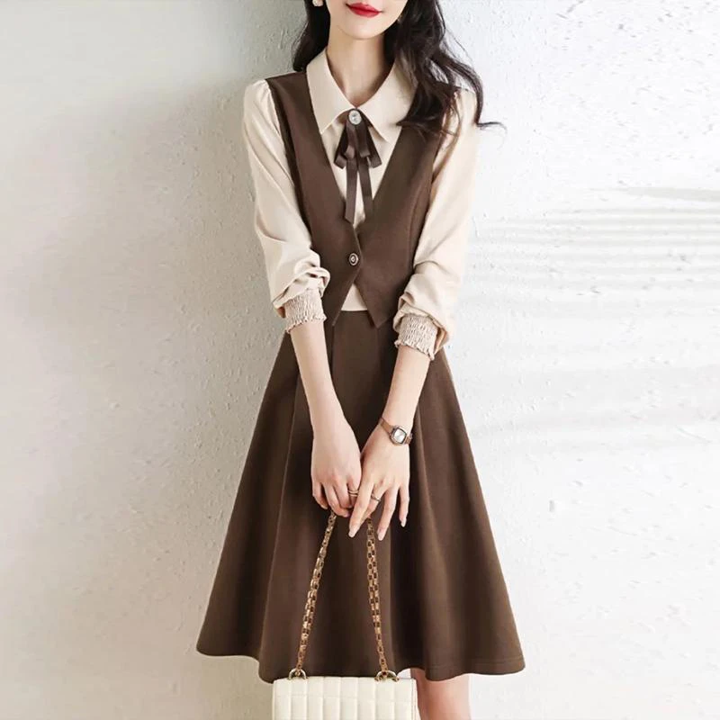 新款气质时尚拼接修身显瘦假两件职业长袖连衣裙复古洋气法式6079