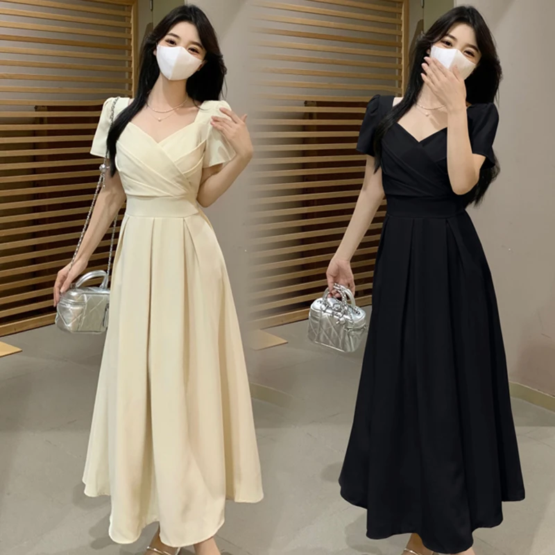 【GY】【大码】新款夏季高腰褶皱方领连衣裙韩版气质显瘦长裙B8055