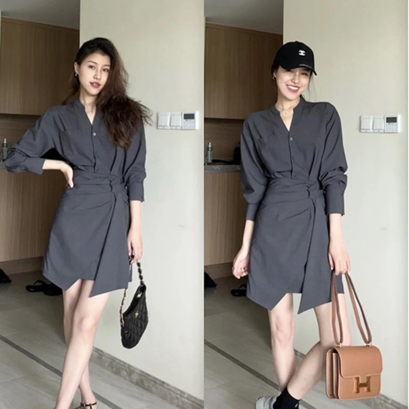 2025新款高级气质V领收腰显瘦不规则连衣裙6621