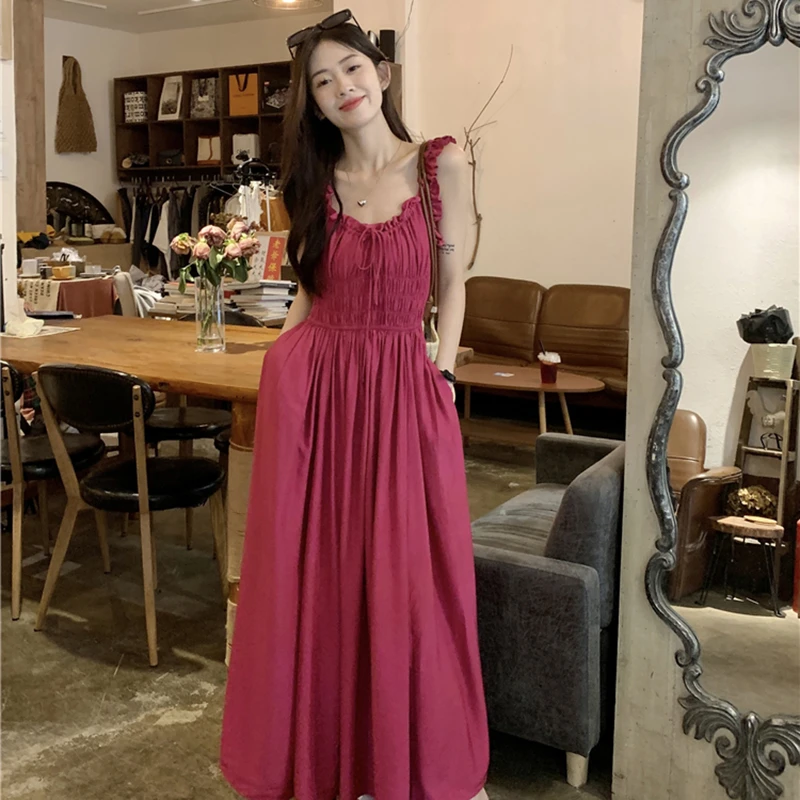 法式复古红色V吊带小众连衣裙抽褶收腰显瘦大摆气质女装裙子3345