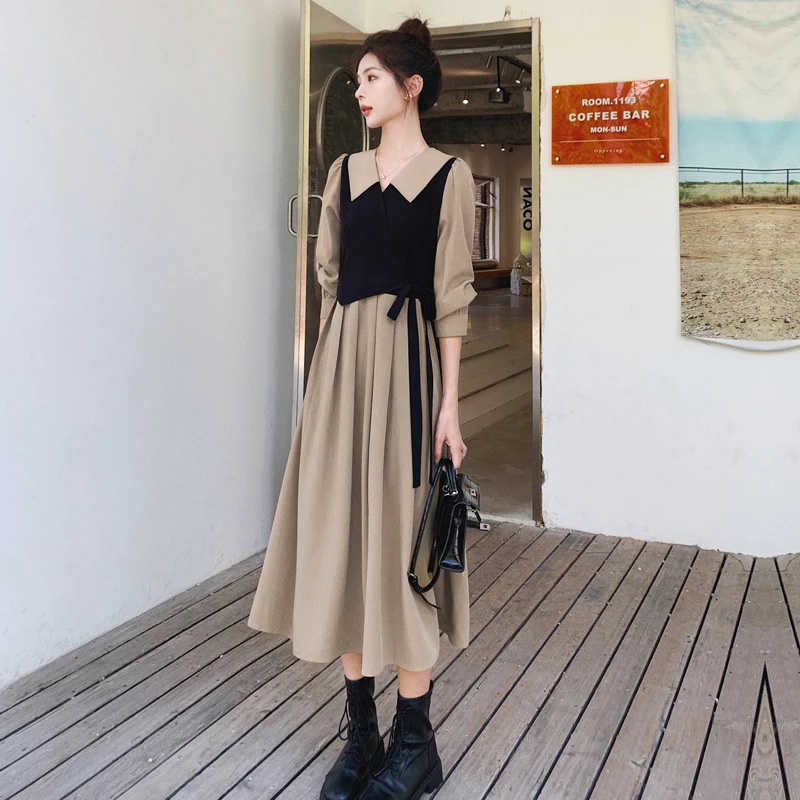 显瘦赫本风连衣裙气质长袖拼接收腰复古法式时尚假两件8632
