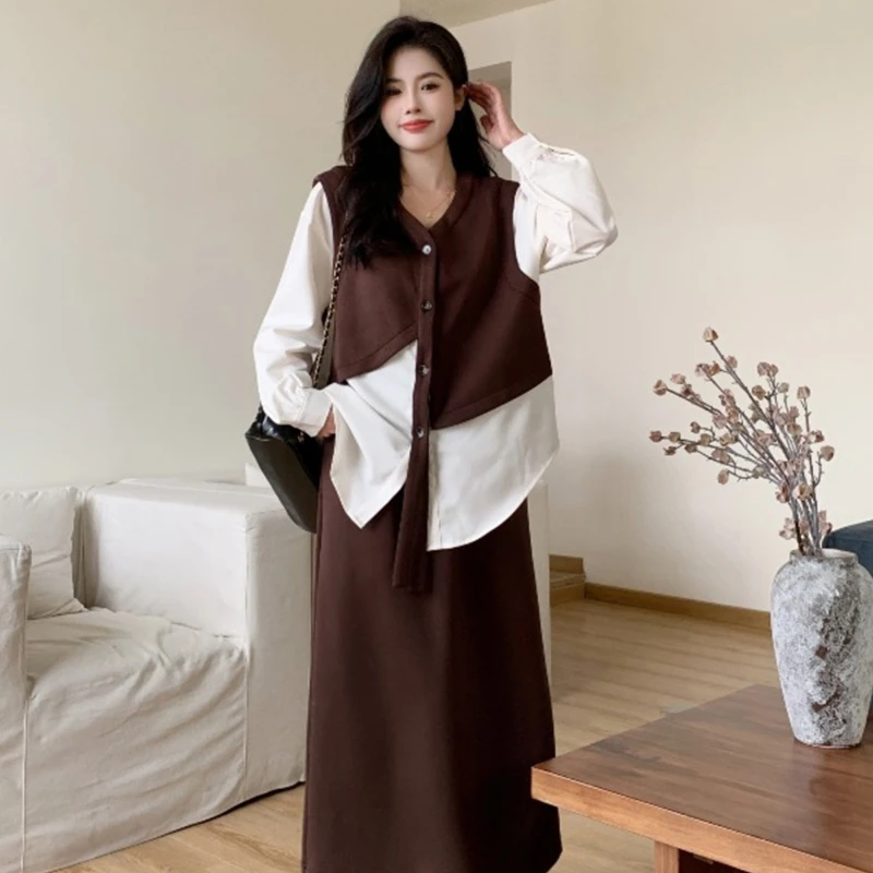 【大码】【两件套】2025遮肚显瘦假两件上衣A字半身长裙两件套B8326