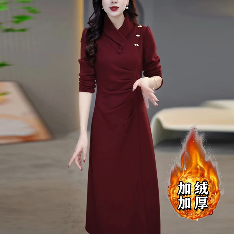 【千艺】【加绒加厚】2025新款女装连衣裙气质秋冬季遮肚显瘦修身2654