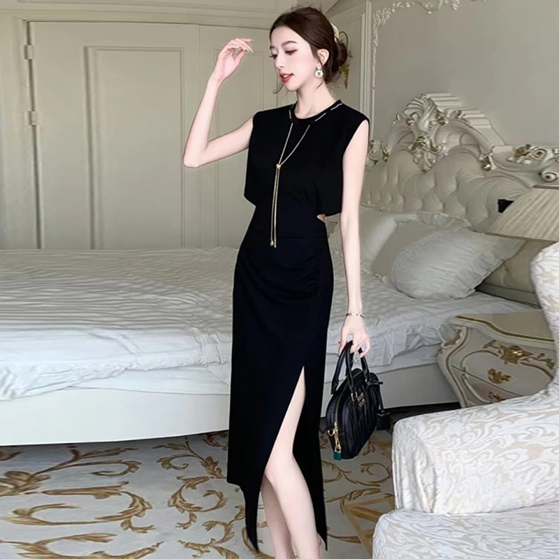 2025夏季新款法式美人小黑裙优雅高级露腰修身开叉连衣裙潮1239