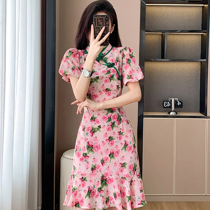 法式泡泡袖粉色年轻款少女碎花连衣裙女夏7288