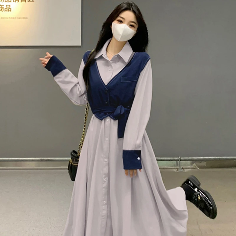 法式桔梗衬衫连衣裙女装秋季2025新款高级感气质显瘦马甲长裙2112