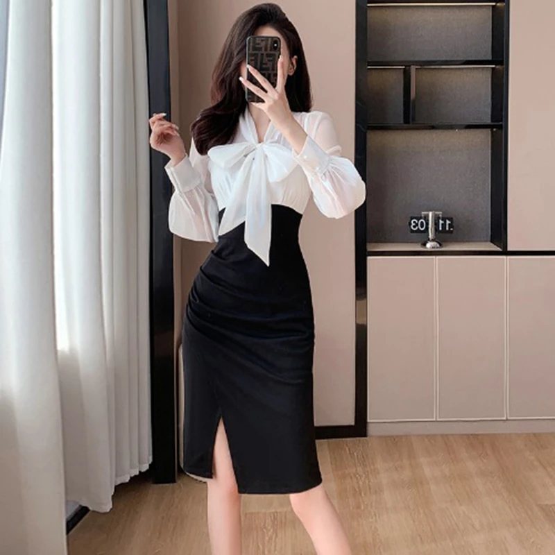 【喜妙】【白色】女装连衣裙法式显瘦包臀蝴蝶结连衣裙中长裙A8110