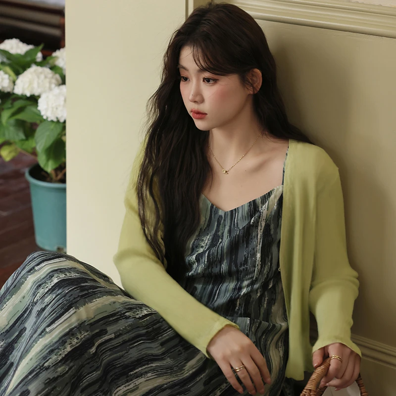 【大码】【两件套】女装 晕染复古夏季收腰显瘦高级感吊带连衣裙B8125