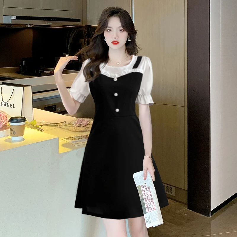 简约新款假两件拼接款小清新修身连衣裙8182