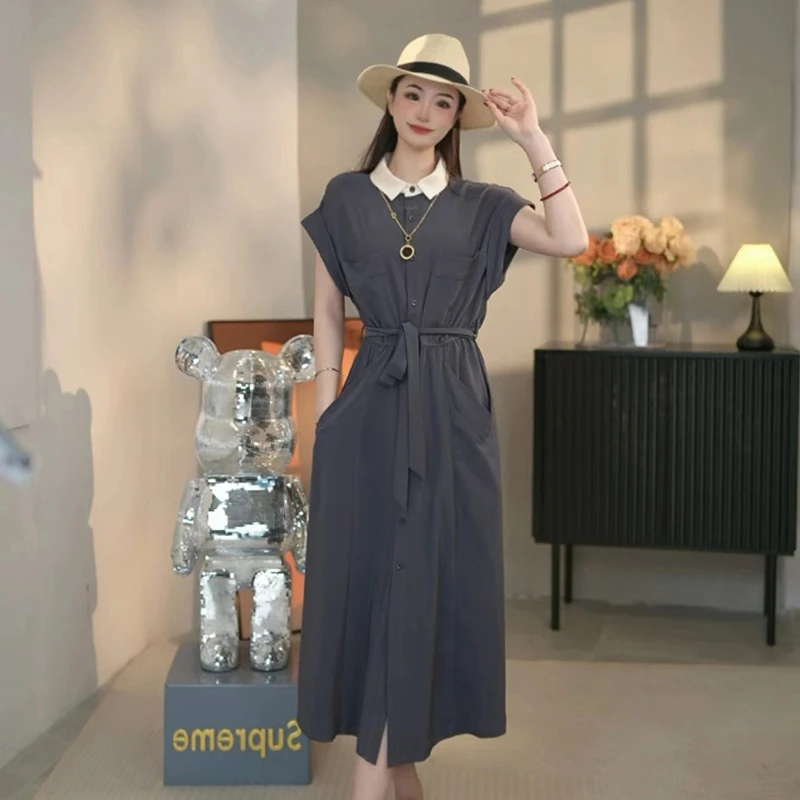 法式气质Polo领连衣裙女夏季2025新款收腰显瘦气质中长款裙子1723