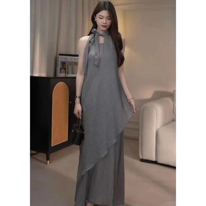 2025夏季新款无袖挂脖不规则气质时尚显瘦裙子女装连衣裙1690