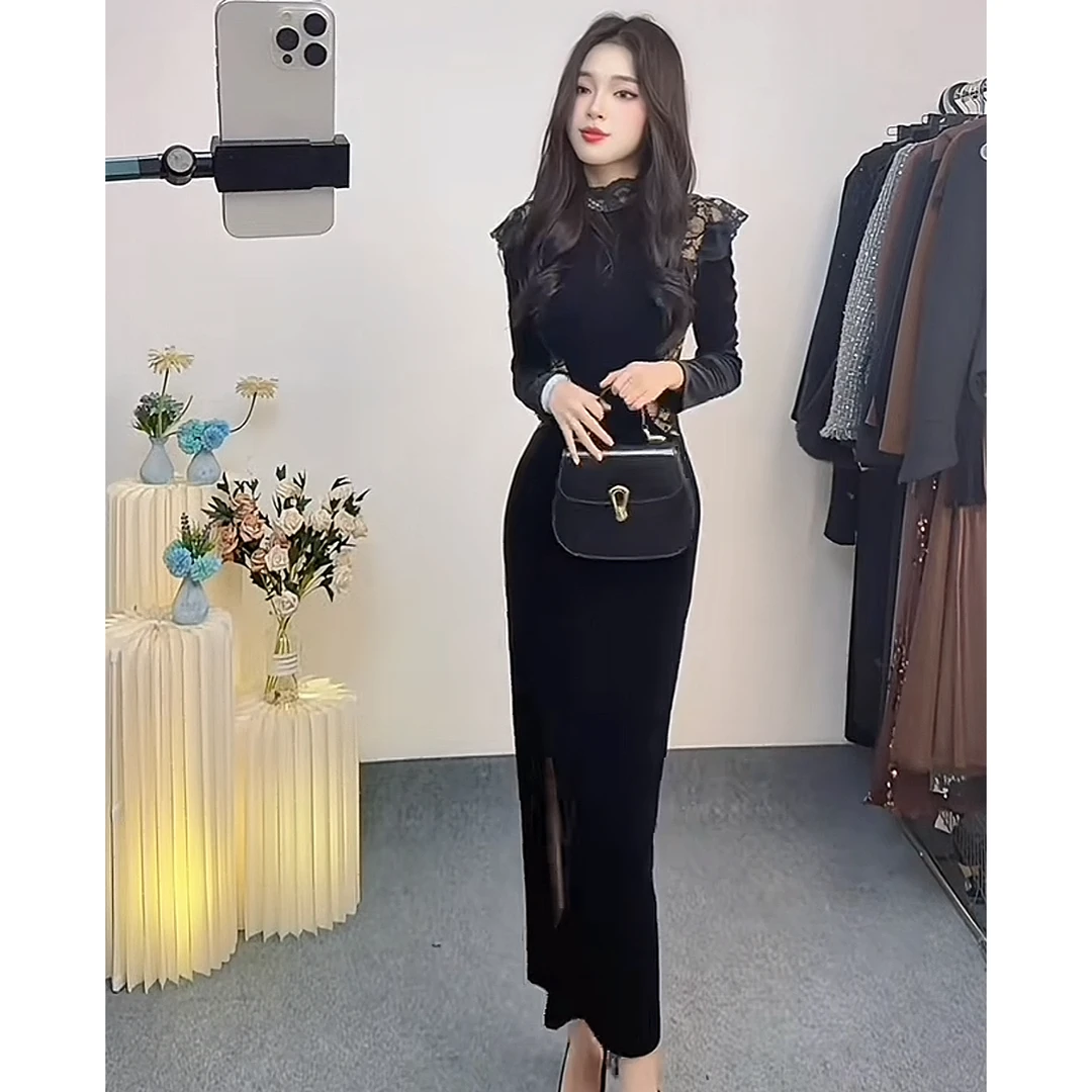 【艺晨】法式气质别致丝绒蕾丝开叉连衣裙女复古收腰女装长裙2677