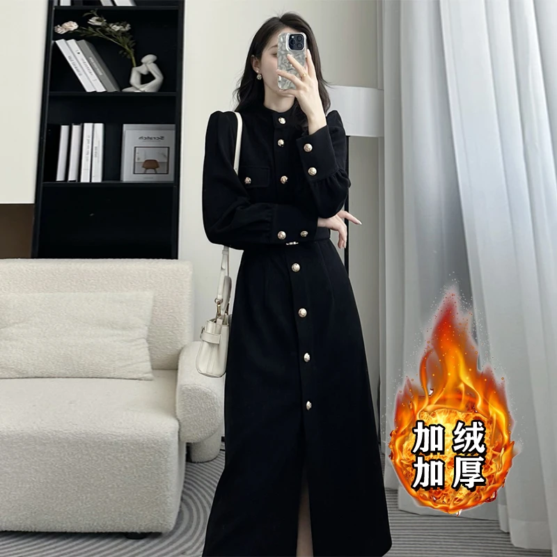 【常规/加绒】灯芯绒复古裙子女新款气质连衣裙黑色女7994