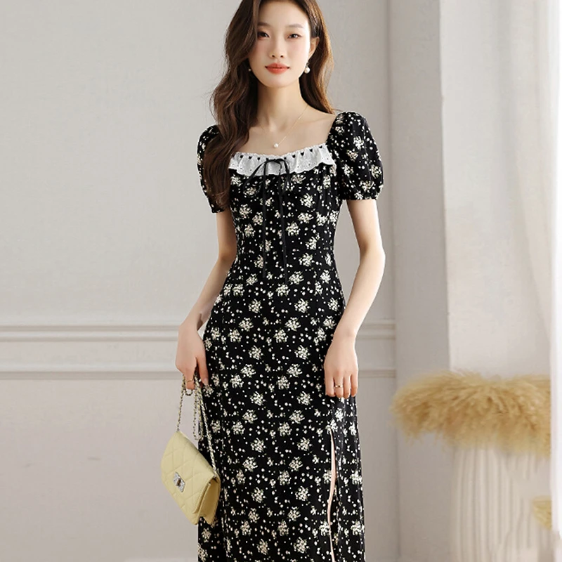 宝藏衣橱仙女碎花开叉方领连衣裙2025新款女装小众收腰长裙潮7285