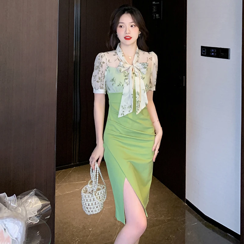 名媛风网纱印花蝴蝶结薄荷曼波连衣裙拼接修身显瘦包臀裙女9756