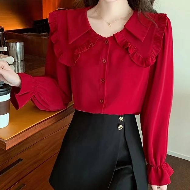 2023早春新款大码女装双层娃娃领红色衬衣长袖衬衫女洋气上衣8016