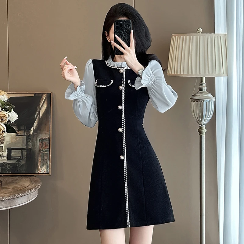 【常规/加绒】小香风拼接漂亮独特显瘦法式连衣裙内搭打底裙子2738