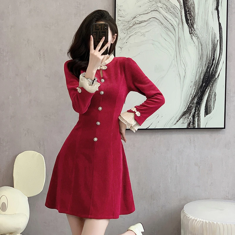 小个子新中式修身连衣裙子长袖红色新款女装法式秋冬内搭气质6159